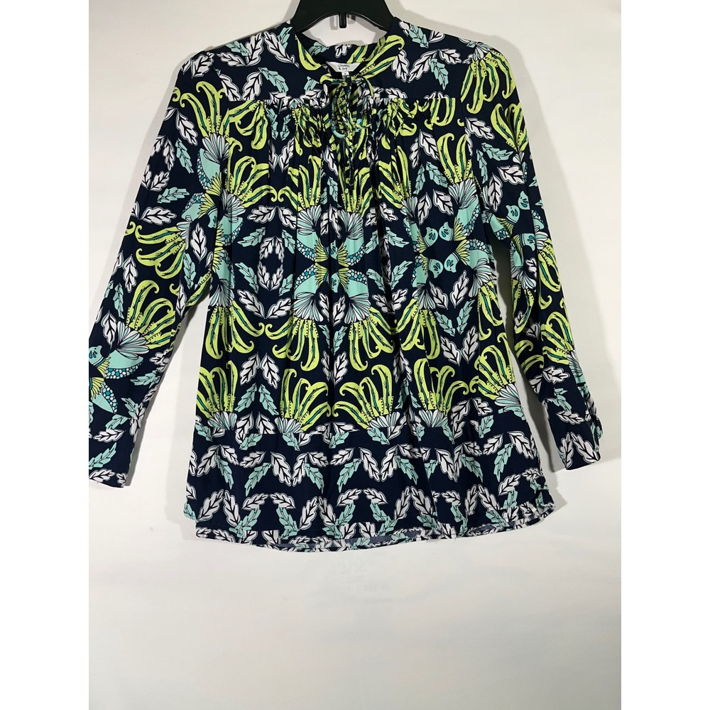 Crown & Ivy Women Floral Tunic Top Long Sleeve Flowy Tie Neck Pleats Navy Sz M